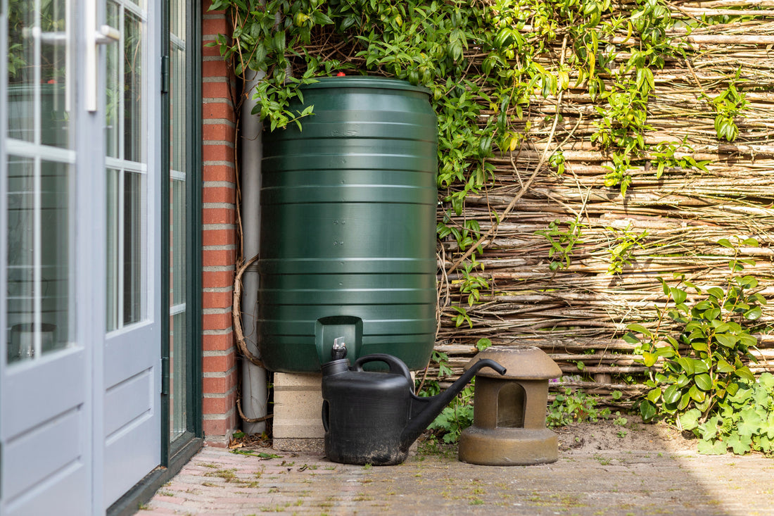 water butt collecting rainwater in a garden