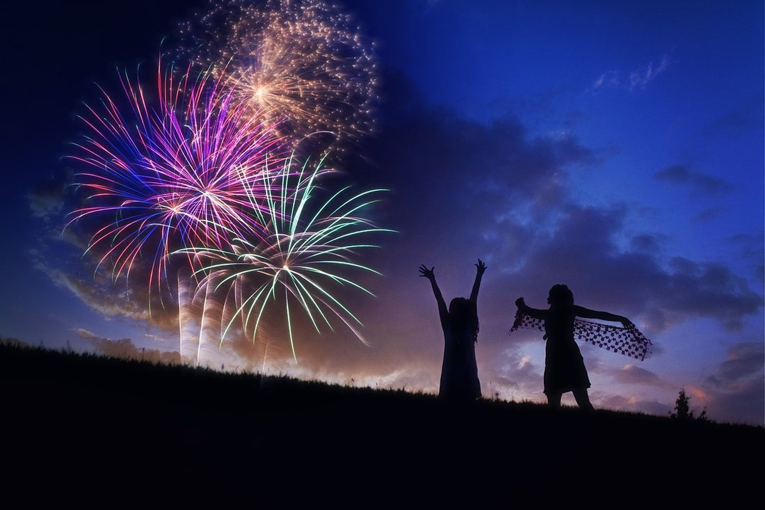two children silhouetted with fireworks in the night sky