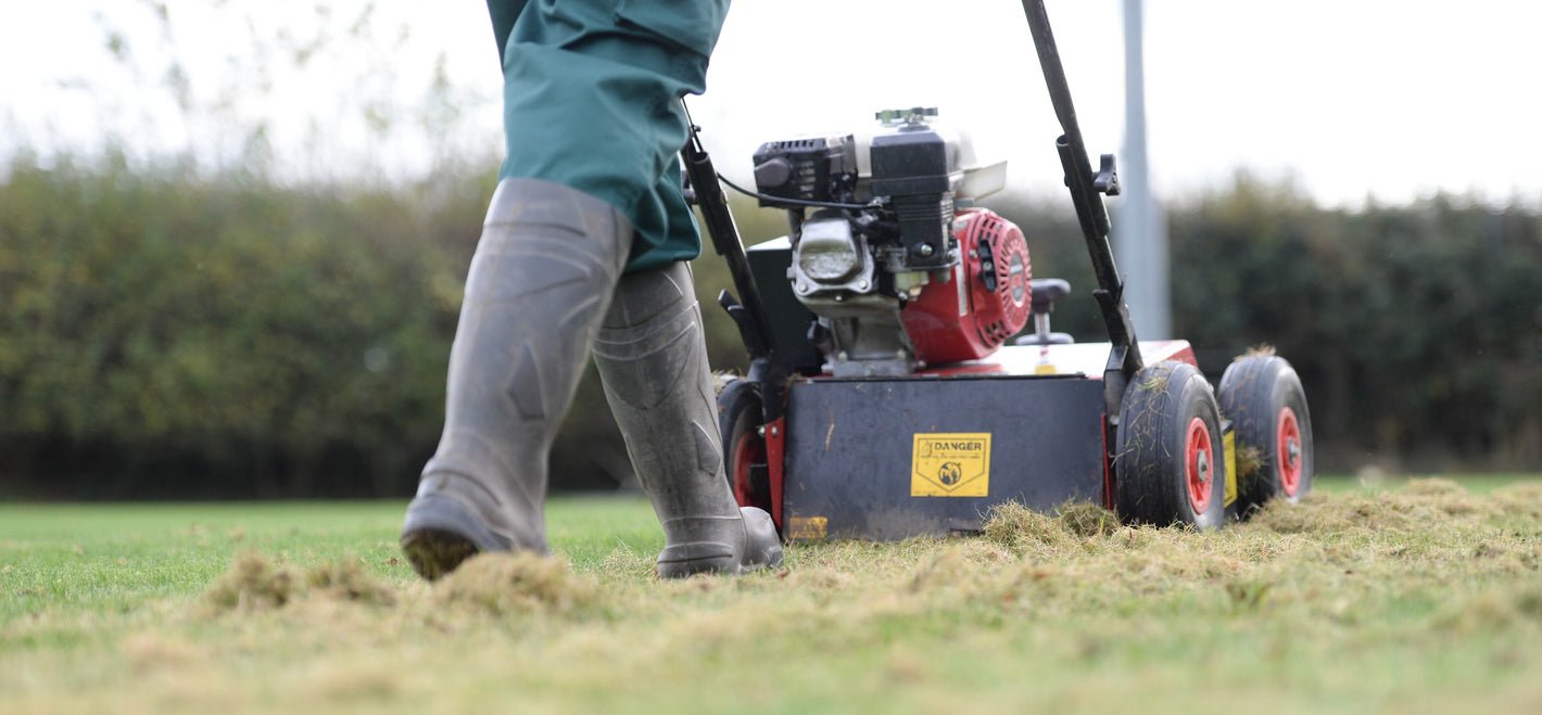 A lawn scarificator being pushed on a lawn, scarifying grass, lawn scarification 