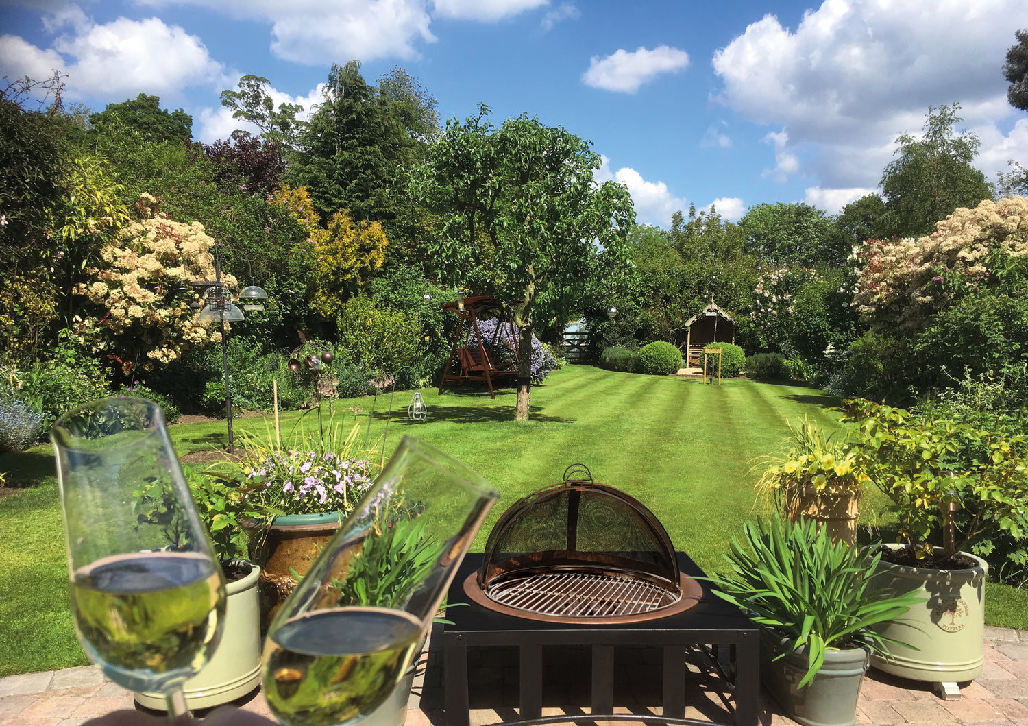 Champagne flutes, BBQ and a lovely striped GreenThumb lawn