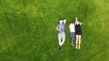 Birds eye view of large beautiful green lawn.